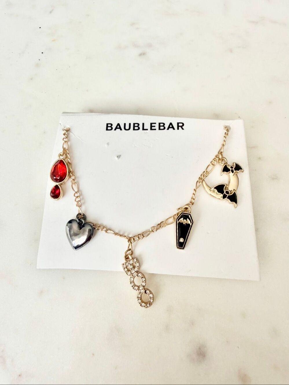BaubleBar Halloween Charm Necklace Bats Coffin Blood Crystal Boo Hearts
